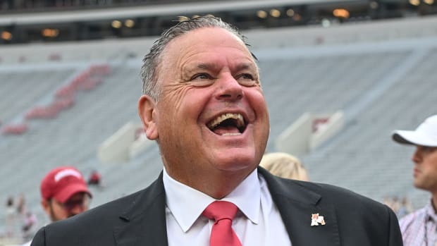 Razorbacks coach Sam Pittman walking Bryant-Denny Stadium before matchup with Alabama.